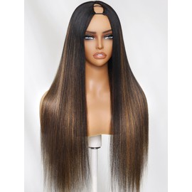 Julia Hair V Part Glueless Wig Human Hair Yaki Straight Highlight Balayage Ombre Brown Upgrade U Part Human Hair Drawstring Clip in Half Wigs No Glue No Lace Ready to Go Beginner Friendly 24 Inch