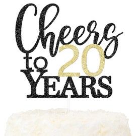 LOVENJOY Decoración para tartas Cheers to 20 Years para decoración de pasteles de feliz cumpleaños 20, aniversario, doble cara, negro y dorado