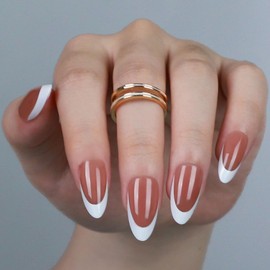 LY LANYOS Press On Nails Almond, Glossy Fake Nails, Supremely Fit Glue on Nails, Reusable Stick on nails with Nail Glue in 16 Sizes, 32 Pcs, Brown French