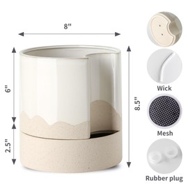 Nihow Self Watering Plant Pot: 8 Inch Ceramic Planter with Drainage Hole & Water Storage Plus for Indoor & Outdoor Plants - Cylinder Round Flower Pot for Succulent/Herbs/Violets - White & Wave Nature