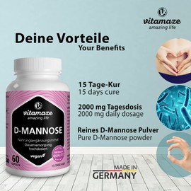D-Mannose Capsules High Dose & Vegan, 2000 mg per Daily Dose, 60 Capsules with 500 mg per Capsule, Dietary Supplement without Unnecessary Additives, Made in Germany