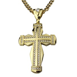 Bling Cartel Mens 18K Gold Plated Huge Big Iced Cross Pendant Cuban Link Necklace Jesus Piece Hip Hop Chain 30" inch