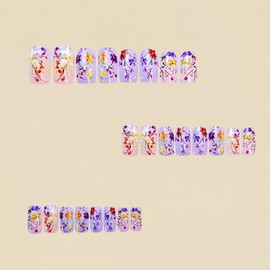 Flower Nails Press ons Purple Full Cover Fake Nails Spring Summer Press on Nails Short Square False Nail Glossy Glue on Nails Artificial Acrylic Stick on Nails for Women Manicure 24Pcs