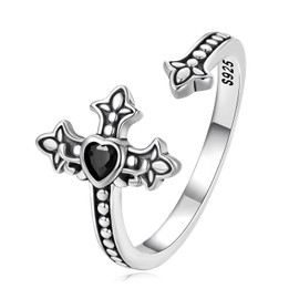 Kerraom Engagement Ring 925 Sterling Silver Women's Adjustable Open Ring Feather Cross Bass Guitar Design Punk Finger Ring Gift for Women Girls, Silver