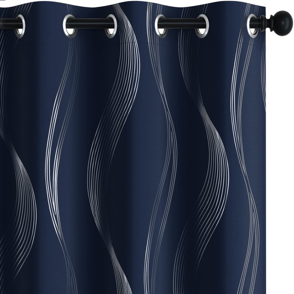 Deconovo Thermal Insulated 84 Inch Blackout Curtains 2 Panel Set for Bedroom, with Silver Print Wave Striped Pattern- Black Out Light Blocking Panels for Living Room- Navy Blue, 52W x 84L inch