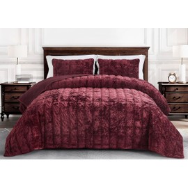 Chezmoi Collection Piers Burgundy Velvet Quilt King Set, 3-Piece Lush Plush Distressed Velvet Bedding All Season Lightweight Comforter - Brushed Microfiber Reverse with Double Square Stitch