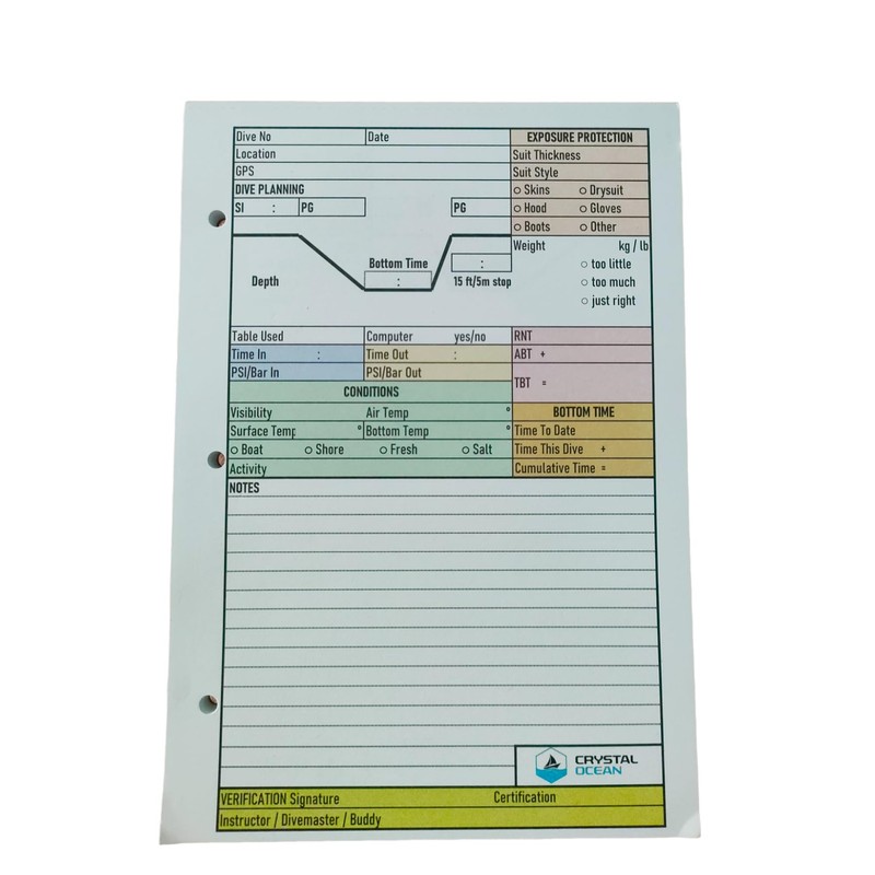 Crystal Ocean Dive Log Sheets (100 logs / 50 sheets)
