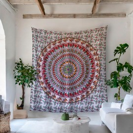 MOMOMUS Mandala Tapestry, Fabric, Colourful, Oriental Design, Ideal as Wall Towel, Mandala, Wall Hanging and Tapestry, Boho, White/Brown, 210 x 230 cm