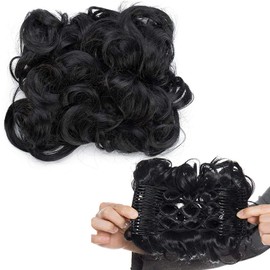 Short Messy Curly Dish Hair Bun Extension Easy Stretch hair Combs Clip in Ponytail Extension Scrunchie Chignon Tray Ponytail Hairpieces Black
