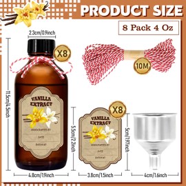 NVioAsport 8 Pack Amber Glass Vanilla Extract Bottles with Lids, 8 PCS Vanilla Extract Labels and Funnel, Glass Boston Vanilla Bottles for Syrup Gift, Jars Glass Bottles for Vanilla Extract (4oz)