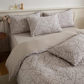 BISELINA 100% Cotton Reversible Brushed Leaf Patterns Printed Duvet Cover 3-Piece Set, 1 Duvet Cover with 2 Pillow Shams, Universal for All Seasons,Comfortable,Simple and Cozy Design