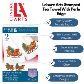 Leisure Arts Tea Towel 17"x28" Sleigh 2pc, Towel Set, Embroidery kit, Bathroom Hand Towels, Kitchen Towel, Cross Stitch Kits, Stamped Cross Stitch Kits