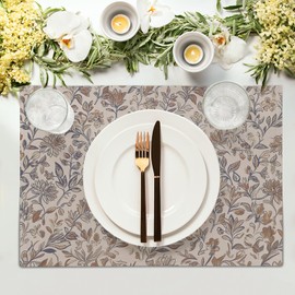 Vintage Floral Placemats Set of 4 Antique Flower Block Print Washable Non-Slip Heat Resistant Place Mats 12x18 Inch Brown Neutral Traditional Table Mats for Kitchen Dinner