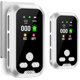 HAKINAKU 2-Pcs 4IN1 Plug in Smoke & Carbon Monoxide Detector Combination Builti-in 2000 mAh Backup Battery HD Screen [Smoke CO Temp Humidity Sensor] Alarm for Home Travel Hotel Indoor (Black)