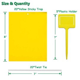 Yellow Sticky Traps -20 Packs for Flying Plant Insects, Fungus Gnats, Aphids, Whiteflies, Leafminers - 6x8 Inches (Contains 20 Traps 20 Wire,5 plastic holder)
