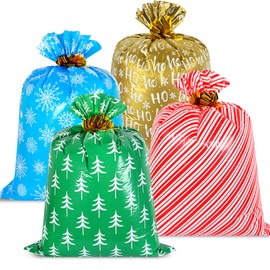 Fulmoon 4 Pcs 48 Inch Christmas Jumbo Gift Bag Extra Large Red with 4 Pcs Pull Flowers, Plastic Giant Gift Oversized Wrapping Bags for Christmas Wedding Birthday(Multicolor,Classic)