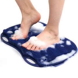 XL Shower Foot Scrubber Mat, Silicone Feet Massage Cleaner Dead Skin Toes Clean Pad without Bending Non-slip Suction Cups -Improve Circulation for Feet Beauty Exfoliate Smooth Achy 17.2*13" Navy Blue