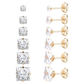 6 Pairs Surgical Stainless Steel Screw back Stud Earrings, 18K Gold Plated Heart Square Princess Cut Round Cubic Zirconia CZ Stud Earrings Set (Gold square butterfly back)