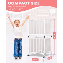 Mythinglogic Rolling Sports Ball Storage Cart, Sports Lockable Ball Storage Locker with Elastic Straps, Stackable Ball Cage for Garage Storage Garage Organizer (White)