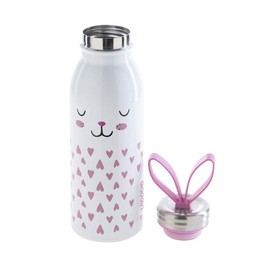 Aladdin Zoo Thermavac Trinkflasche Edelstahl Kinder 0.43L Bunny - Thermosflasche Hält 7 Stunden Kalt - Auslaufsicher - Weiche Fingertrageschlaufe aus Silikon - Wasserflasche BPA-Frei