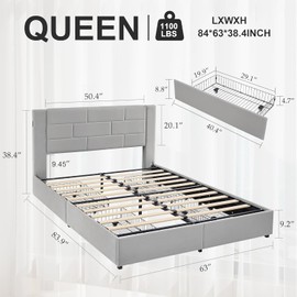 VECELO Queen Upholstered Bed Frame with 4 Storage Drawers, with Type A & C USB Charging Station and Velvet Headboard, No Box Spring Needed, Easy to Assemble, Light Gray