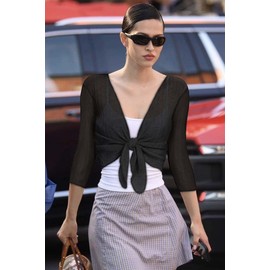 Women Crop Cardigan Sheer Mesh Bolero Shrug for Dress Tie Front 3/4 Sleeve Tops (Black,L)