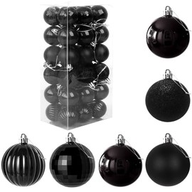 Favuit Christmas Baubles, Christmas Tree Decorations Ornament Balls Shatterproof Xmas Tree Plastic Hanging Ball 4cm 36pcs Baubles Glitter Pendant Bulk Set for Holiday Wedding Party Decor(black)