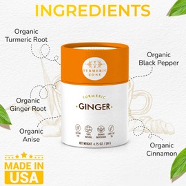 Turmeric Zone Organic Turmeric Ginger Decaf Tea with Turmeric Root, Ginger Root, Cinnamon and Black Pepper - 4.75 oz