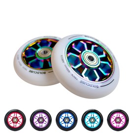 BOLDCUBE Stunt Scooter Wheels 100mm Pair - Pro Stunt Wheels Alloy Core - ABEC9 Bearings (Spider: Chrome/White, 2 Wheels)
