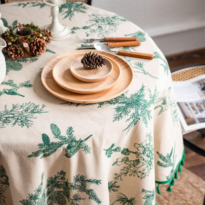 Circle Table Cloth - 150CM Round Tablecloth, Green Pine Branch