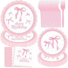 Pink Bow Birthday Decorations, 96pcs Conquette Bow Birthday Decorations for Party Pink Bow Decor Plates and Napkins Set for Girl 1st 2nd Birthday Women Bridal Baby Shower Bachelorette Serve 24