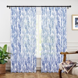 DriftAway Pinch Pleat Linen Textured Thermal Window Curtains for Living Room Bedroom Linen Curtains 2 Panels 52 inches Wide by 84 Inches Long Semi Sheer Drapes Back Tabs Tree Branch Pattern White Blue