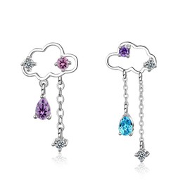 QIAMNI Cute Asymmetric Rain Cloud Stud Earrings for Women Silver Cubic Zirconia Water Drop Tassel Earring Female Sterling Silver, Sterling Silver