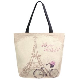 ZzWwR Stylish Beautiful Romantic Paris Eiffel Tower Bike Extra Large Canvas Market Beach Travel Reusable Grocery Shopping Tote Bag Portable Storage HandBags