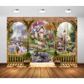 CORFOTO Fabric 10x8ft Garden Terrace House Backdrop Romantic Balcony Scenery Wonderland Background Terrace View of Arch Backdrop for Garden Party Backdrop Wedding Bridal Shower Birthday Supplies