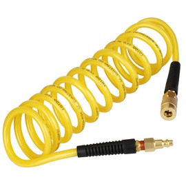 YOTOO Reinforced Polyurethane Recoil Air Hose 1/4" Inner Diameter by 10' Long, Heavy Duty, Flexible Air Compressor Hose with Bend Restrictor, 1/4" Swivel Industrial Quick Coupler and Plug, Yellow