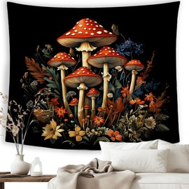 MNASAIOO Vintage Mushroom Wall Tapestry Hanging for Bedroom, Black Gothic Fall Tapestries, Botanical Floral Cottagecore Wall Decor Banner for Living Room Home 50x60in