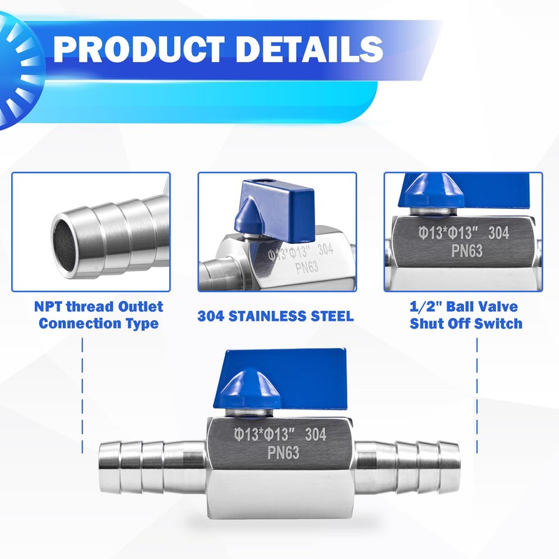 1/2”Barb Ball Valve - Stainless Steel Hose ID Barb Mini