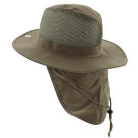 JFH GROUP Wide Brim Outdoor Safari Summer Mesh Crown Hat with Neck Flap (Khaki FBN, Large)