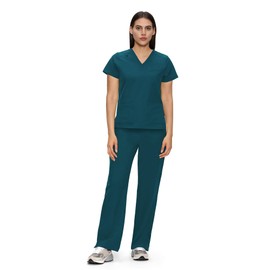 floralhue Scrubs for Women, V-Neck Scrubs Top & Cargo Pants with 12 Pockets, Yoga Waistband, 4 Way Stretch, Caribbean Blue, M