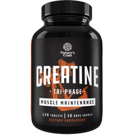 Natures Craft High Strength Tri Phase Creatine Tablets for Women & Men - Formula Blend of Creatine Monohydrate, HCL & Pyruvate Supplement - Muscle Mass Gain & Recovery Supplement - 120 Tablets