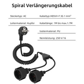 Cable de extensión de cable en spiral GELRHONR, cable de extensión de contacto protector 2 en 1 para interior de 16A / 250V, cable en spiral estirable DE 0.8 m to 1.2 m (1 M/estiramiento 1.7 M)