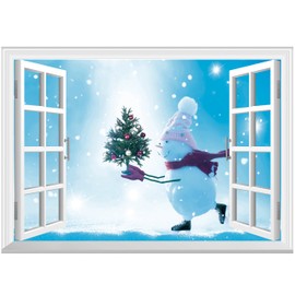 FLFK Fake Window Wall Decal - Snowman Holding a Christmas Tree Faux Window Wall Mural for Wall Decor, Peel and Stick Wall Sticker,24"x16"