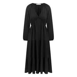 R.Vivimos Women's Fall Casual Gauze Cotton Dresses V Neck Long Sleeve Ruffle Tiered Flowy Midi Dress with Pockets (Large, Black)