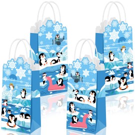 TecUnite 16 Pcs Penguins Party Decoration Penguins Goodie Bags Winter Party Favor Blue Treat Gift Bags with Handles for Birthday Holiday Supplies