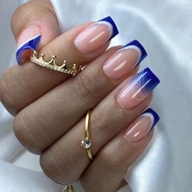 MAOTTIE Blue Press on Nails Medium French Tip Fake Nails Square Glue on Nails Ombre Translucent Nails Press ons White Lines Acrylic Nails Medium False Nails for Women 24 Pcs
