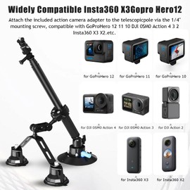 Triple Suction Cup 360 Camera Car Mount, with 2in1 Extension Pole/Selfie Stick, Strong Suction Cup Camera Mount, with Action Camera Adapter Compatible with Insta360, Compatible with GoPro