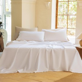 NUMWELL Linen Sheet Set Queen Size, Linen Cotton Blend Sheets Set 4pcs, 1 Flat Sheet, 1 Fitted Sheet & 2 Pillowcases, Cooling Breathable Farmhouse Bedding, White