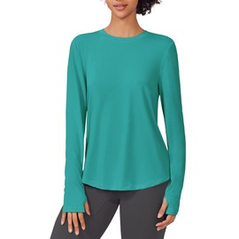 PINSPARK Soft Long Sleeve UV Blocking Tops with Thumb Holes Curved Hem Moisture Wicking Shirts for Beach Hiking Fishing Running Camping,Teal X-Large