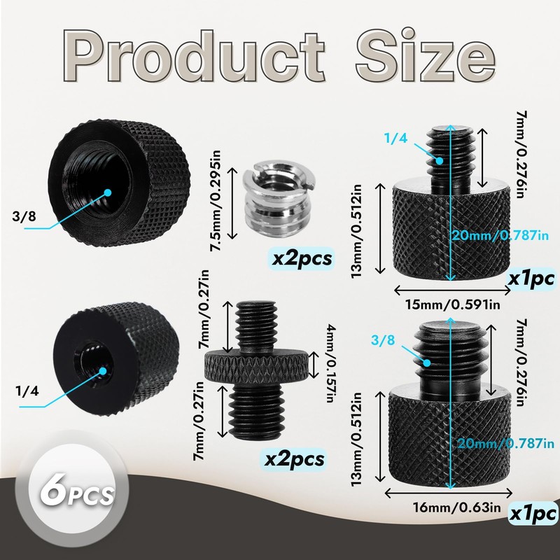 Pack of 6 Tripod Adapters 1/4 to 3/8 Inch Thread